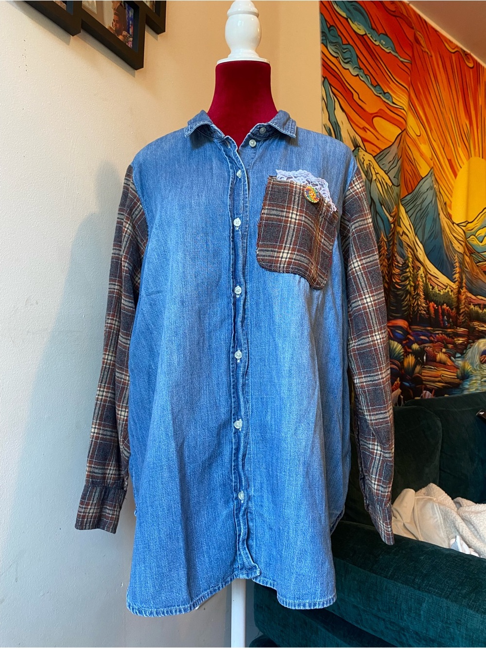 Old Navy 100% Cotton Blue Denim Shirt with Brown Plaid Sleeves